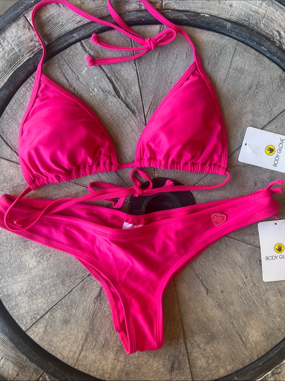 Juniors Dahlia Body Glove Neon Pink String Triangle ruching back bikini LG B45